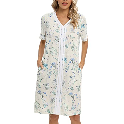 Nightgowns For Women V Neck Short Sleeve Sleepwear Casual Nightdress Summer Print Loungewear With Pockets #TOP2
