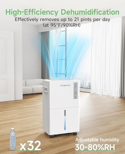 Image of 1500 Sq.ft Dehumidifier for Basement, Trazico 21 Pint Quiet Dehumidifiers for Home with Drain Hose, Smart Humidity Control, 3 Modes, 24H Timer, Auto Defrost, for Large Room, Bedroom, and Bathroom
