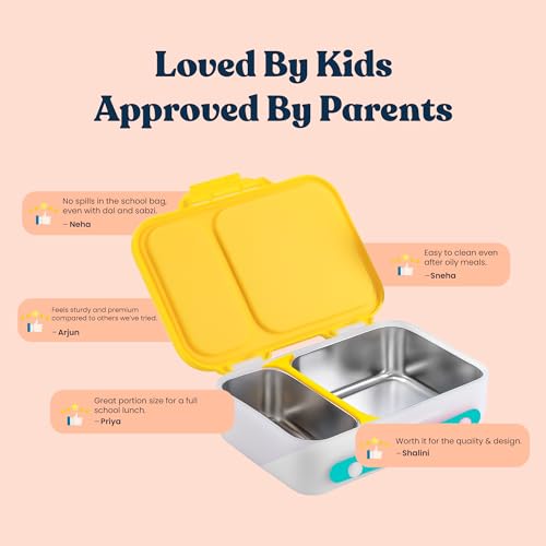 Image of rabitat Munchbee Pro Personalized Stainless Steel Kids Lunch Box 850ml- Food-Grade Steel Bento Tiffin | 2-Year Brand Warranty | Spill-Proof Flick-Lock | 3 Compartments, BPA-Free, School-Safe |Shyguy