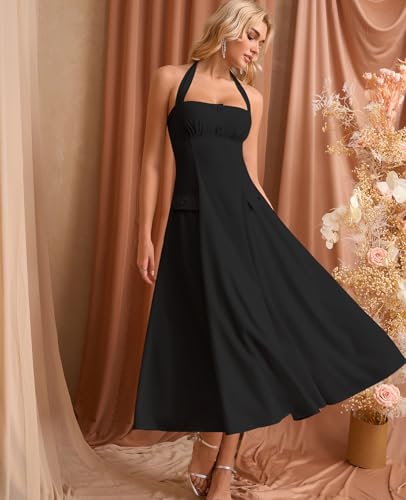 GLNEGE Floral Halter Corset Midi Dresses Summer Flowy Wedding Guest Dress A Line Bow Tea Party Sundress for Women2