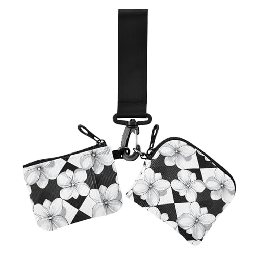 Checkered Black and White Pattern FLOWERs Women's Coin Pouches Card Holder Small Portable Credit Card Wallet Organizer with Wristlet Strap for Women 2 Packs