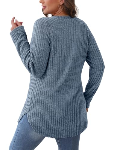 Image of Saloogoe Long Sleeve Shirts for Women 2025 Fall Clothes Tunic Tops Loose Fit Dressy Crewneck Pullover Sweaters Curved Hem