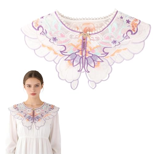 Image of SANNIDHI Sheer Butterfly Embroidered Detachable Collar Shawl, Faux Pearl Clasp Lace Capelet, Colorful Embroidery False Collar Neck Accessory for Dresses, Weddings & Formal Wear