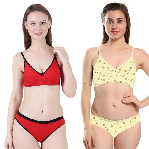 Image of Solid Printed Polka Cotton Bra & Panty Lingerie Set Combo for Women S to 3XL