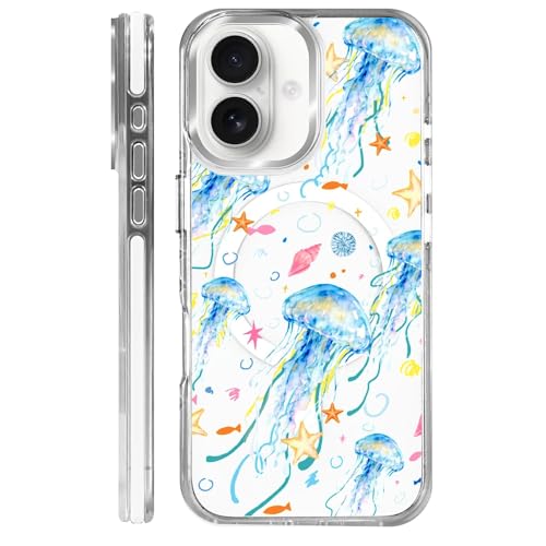 Coque iPhone 16 rigide anti-chute et compatible MagSafe au design transparent méduse