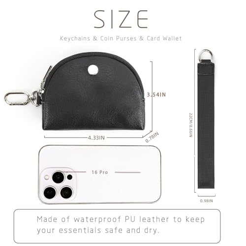 Image of Checkered Dual Pouch Keychain Wallet for Women,Small Mini Zip Leather Coin Purse with Wrist Strap,wristlet hangbags,Black