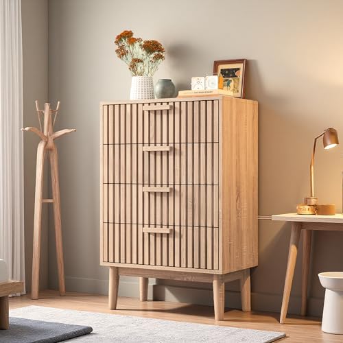 Yeutre Commode 4 tiroirs, Commode Chambre 60 cm Largeur, Meuble de Rangement en Bois Effet cannelé, pour Salon, Chambre à Coucher, Bureau (Bois-4 Tiroirs, 60l x 34P x...