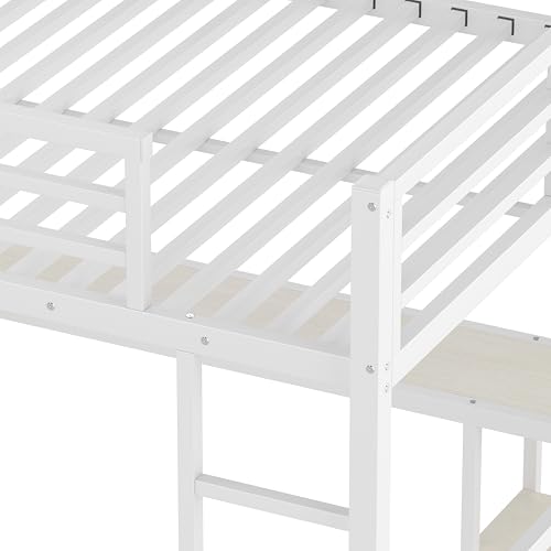 Image of Bellemave Queen Size Loft Bed with Desk, Wardrobe, Metal Queen Loft Bed Frame for Adults, Kids, Teens, White Wood-Grain