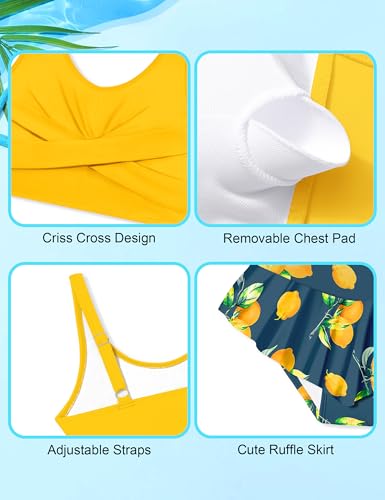 Image of Qaoerde Girls Swimsuit Tropical Print Bikini Set with Ruffle Hem Two Piece Criss Cross Bathing Suits for Girls 7-16 Years
