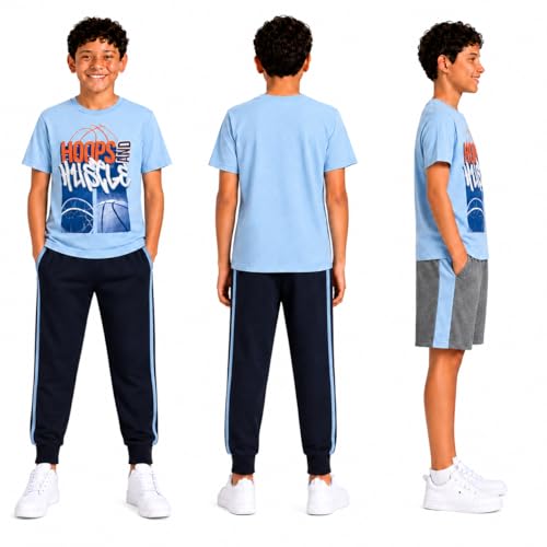 Image of Pro Athlete Boys Pants Set - 3 Piece Active Short Sleeve Graphic Tees Athletic Shorts and Jogger Sweatpants for Boys