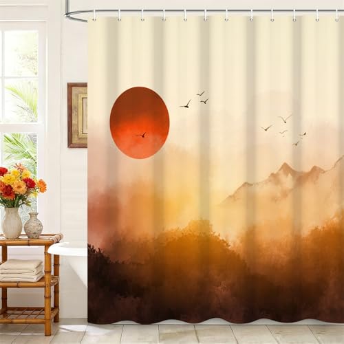 Kzzfqxb 180x200cm Cortinas de Ducha con Ganchos de plástico, Sol Rojo Resplandor Dorado Bosque de montaña brumoso Tela de poliéster Impermeable para bañera, decoración Pintura del Amanecer para baño