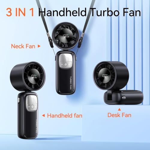 KIMMOO 3-in-1 Portable Handheld Turbo Fan-100 Speeds, 15000 RPM, 10Hrs Cooling, LED Display, 90° Rotation, Small Travel Fan, Mini Foldable Hand Held Personal Fan for Women Men (Black) — view 4