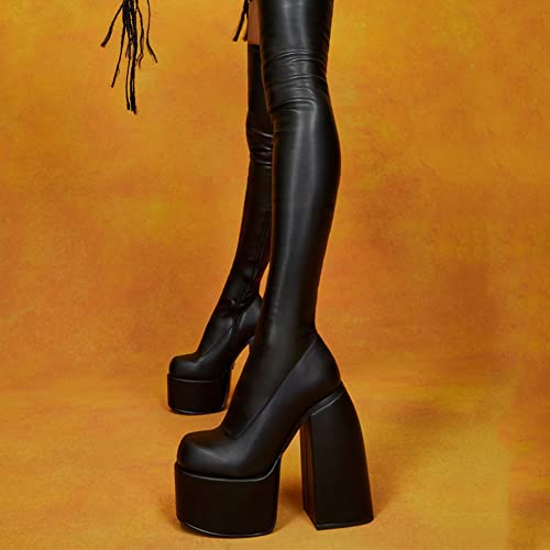 Aminugal Womens Over The Knee Boots Platform Chunky Block High Heel Round Toe Zip Tight High Boots Fashion Gothic Punk Motorcycle Combat Boots #TOP2