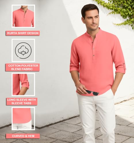 Image of Zombom Men's Cotton Blend Kurta Shirt with Full Sleeves Mandarin Collar Neck Solid Pattern for Men Regular Fit Ethnic Wear Casual Festive Top Modern Style | Cotton Shirt for Mens