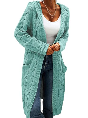 Image of Women Hooded Open Front Cardigan Cable Knit Chunky Long Sweater Coats | solid color, cable knit ,long duster cardigan,chunky coatigan,winter ,falll ,side pockets