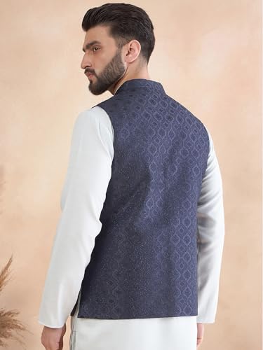 Image of Amazon Brand - Tavasya Mens Woven Design Mandarin Collar Nehru Jackets | Sleeveless Jacket | Ethnic Wear