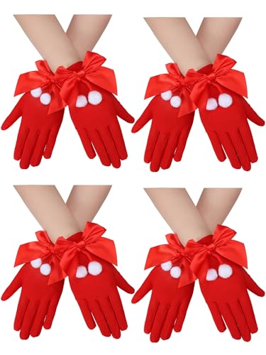 Jiuguva 4 Pair Christmas Red Gloves Santa Bowknot Gloves Women's Stretch Costume Accessories for Xmas Cosplay Party(Cute) Jiuguva 4 Pair Christmas Red Gloves Santa Bowknot Gloves Women's Stretch Costume Accessories for Xmas Cosplay Party(Cute)