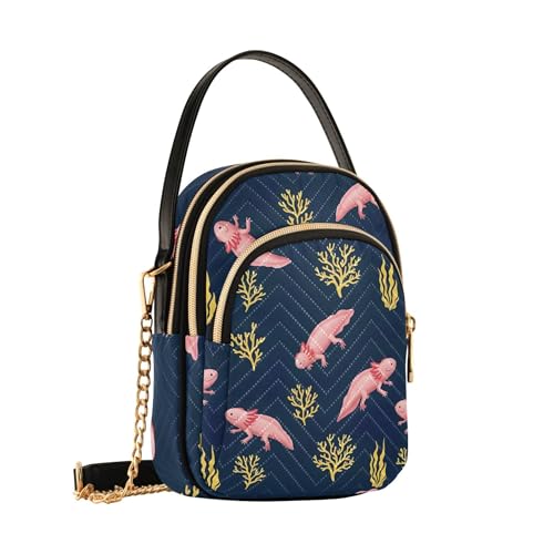 Cartoon Coral Pink Axolotls Blue One Shoulder Purse Women Cell Phone Purse Chain Strap Floral Print Ladies Crossbody Satchel Bag, 5.9" × 8.3" × 3.1"2