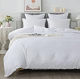 Caressma Pom Pom Fringe Duvet Cover Set King Size, Soft Washed Microfiber 3pcs Bohemian Bedding Duve