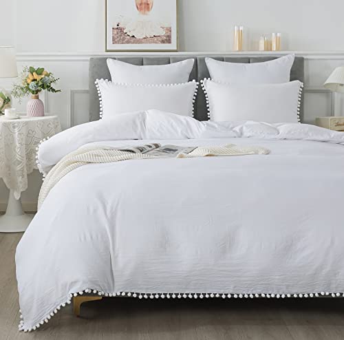 Caressma Pom Pom Fringe Duvet Cover Set King Size, Soft Washed Microfiber 3Pcs Bohemian Bedding Duvet Cover, All Season White Comforter Cover Set With Zipper Closure (1 Duvet Cover+2 Pillowcases) #TOP7