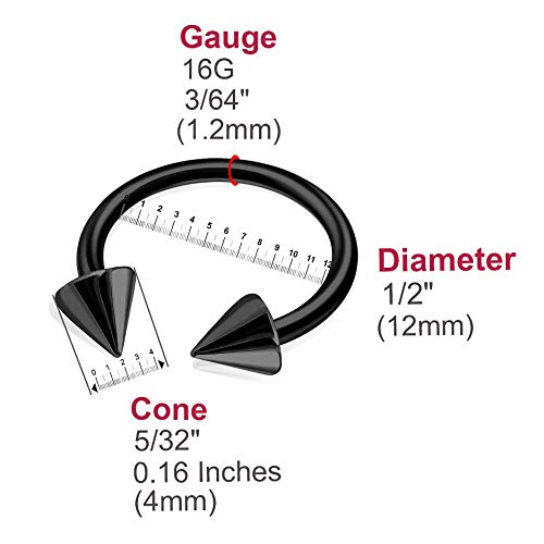 Bodyjewellery CBB AN BK 1.2X81012 CONE L8 C4 12MM 8Pcs 16G Horseshoe Ring Circular Barbell Cartilage Hoop Septum Nose Lip Eyebrow Spider Bite Tragus Black Spike Ear thumb #3
