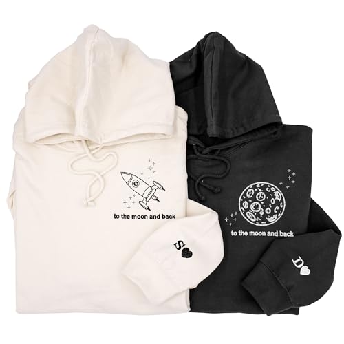 GodLover Custom Couple Embroidered Sweatshirt - Matching Hoodies for Couples, Space Rocket and Moon, Initial On Sleeve, Gifts for Couple, Valentines Day, Wedding, Birthday