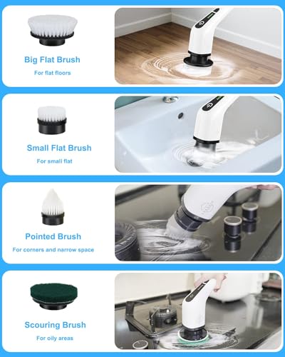 Image of Electric Spin Scrubber, Leebein Cordless Cleaning Brush with 8 Replaceable Brush Heads, Tub and Floor Tile 360 Power Scrubber Dual Speed with Adjustable & Detachable Handle for Bathroom Kitchen Car