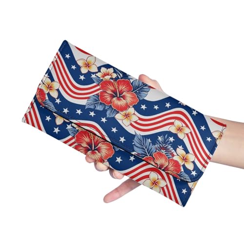 Image of AFPANQZ Womens Leather Wallets Large Capacity Card Holder Zipper Travel Purse, American Stripe Flower Phone Holder Coin Zip Pocket Multi Cards