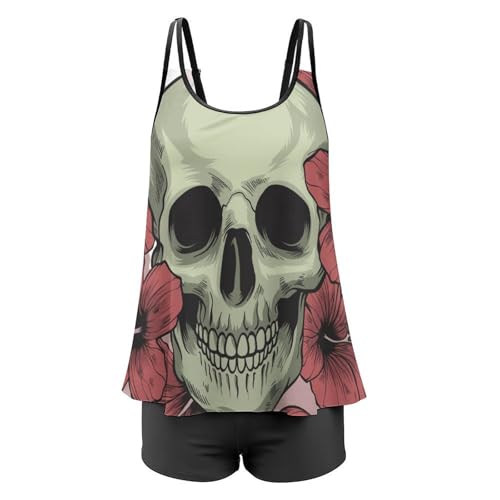 Tankini tête de mort fleur rouge avec short pour sublimer vos journées à la plage - 4