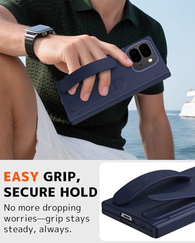 Coque Google Pixel 10 Pro anti-chute protégeant la charnière avec support et sangle bleue
