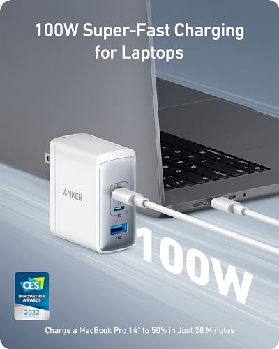 Image of Anker Nano 100W USB-C Charger, 3-Port Fast Compact GaN Charger for MacBook Pro /Air, Pixelbook, ThinkPad, Dell XPS, iPad Pro, iPhone 15 Series, Galaxy S23, and More (USB-C to USB-C Cable Included)