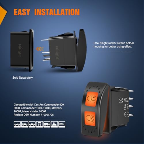 Image of Nilight 6 Pin High Low Beam Headlight Switch for Can-Am Commander Maverick | Plug-and-play fit (OE 710001725) rated at 20A /12VDC with dual LEDs. Includes jumper wires for easy setup