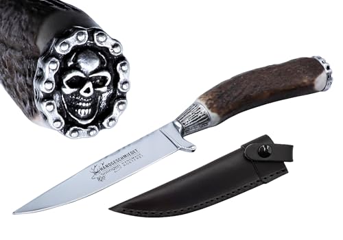 Messer Jagdmesser Skull Totenkopf echt versilbert Hirschhorn Trachtenmesser Jagd Hirschfänger Wild Bock Jagdnicker für Lederhose Biker Jäger Jagd Stahl-Klinge Hirsch, Farbe:Skull C