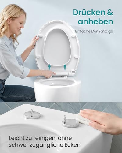 SONGMICS Toilettendeckel, O-Form, WC-Sitz mit Absenkautomatik, Griff, Toilettensitz abnehmbar, Klodeckel einfache Montage, WC-Deckel PP-Kunststoff, bis 300 kg belastbar, weiß BTL001WZ01