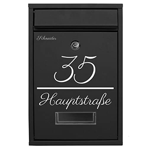 PRINTIMA Ruby Briefkasten Schwarz mit Ihrer Personalisiert Namen & Hausnummer aus Hochwertigem Stahl, 32 x 21,5 x 8,5cm, Witterungsbeständig Cover