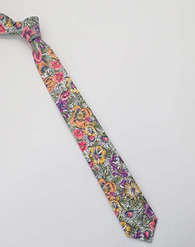 Image of Men's Skinny Tie Floral Cotton Necktie and Tie Bar Clip Sets, Great for Weddings,Groom,Groomsmen