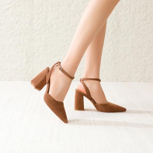 Image of RIBONGZ Block Heels for Women Closed Pointed Toe Heeled Slingback Chunky High Heel Ankle Strap Pumps Patent Leather Comfort Dressy Shoes for Work Party Prom Wedding Bridal Dress
