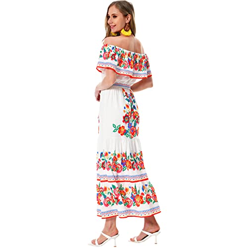 Xplanet Mexican Dress for Women Off Shoulder Floral Print Maxi Dress Summer Party Casual Sundress Dresses4
