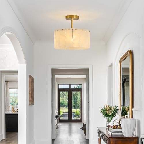 Modern Alabaster Ceiling Light Fixture: 11.8" Luxury Spanish Natural Marble Gold Semi Flush Mount Ceiling Light - White Round Drum Lighting for Entryway Foyer Bedroom Hallway Staircase Bathroom Closet by HONIEGG - Image 2