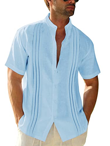 Camisa Guayabera de manga corta para hombre, algodón y lino, cuello alto, camisa de playa a rayas, camisa de verano, azul celeste, M