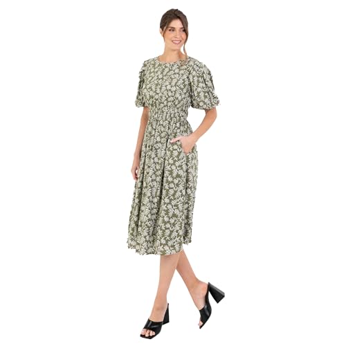 Lovedrobe Women's Ladies Midi Dress Round Neck Short Puff Sleeves Crossover Elasticated Waist Leaf Print Textured A-Line Casual Vestido, Verde, 46 Mujeres