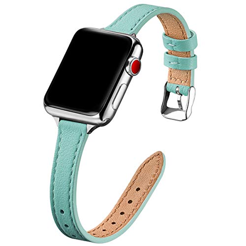 Sunwr Bracelet de rechange en cuir véritable pour Apple Watch Series 6/5/4/3/2/1,SE(42 mm 44 mm, Bleu et argent) Cover