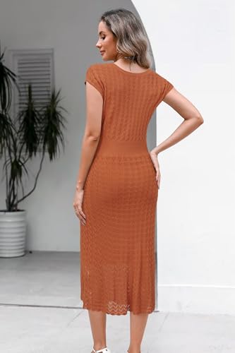 Image of Newshows Women's Hollow Slim Summer Fall Church Work Casual Sweater Dress | Machine Washable Knit Sweater Fabric, Hollow Design, Bell Sleeve, Business Casual, Church Teacher Outfits, Modest Dress