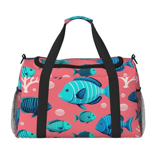 Ocean Fishes Print Travel Duffle Bag - Foldable Personal Item Travel Bag for Women & Men,Carry-On Convertible Crossbody Tote Bags with Adjustable Shoulder Strap & Pockets 13x10.2x19.7 in