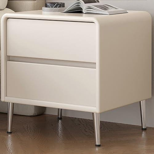 WYRNOBRX Mesita De Noche Alta Patas Metálicas Medianas Mesa De Cabecera Moderna Acanalada con 2 Cajones Armario De Almacenamiento Mesita Auxiliar Pequeña Salón,Blanca,L20*W14*H19