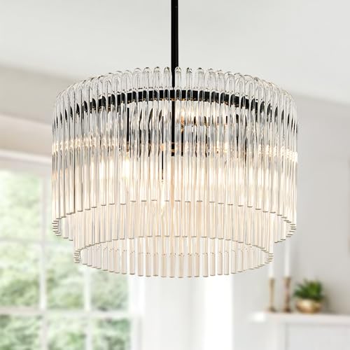 Image of 15.44 inch Drum Chandeliers Dining Room Black Modern Round Glass Brushed Nickel Chandelier 6-Lights with Crystals for Living Room Kitchen Island Entryway Foyer Stairway Light Fixture