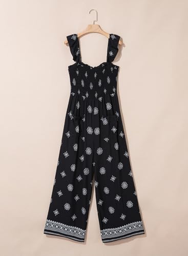 Dokotoo Floral Sleeveless Jumpsuits for Women 2026 One Piece Spring Square Neck Flowy Rompers Smocked Waisted Sexy Business Casual Wide Leg Beach Vaction Cruise Outfits Plus Size,Black XX-Large