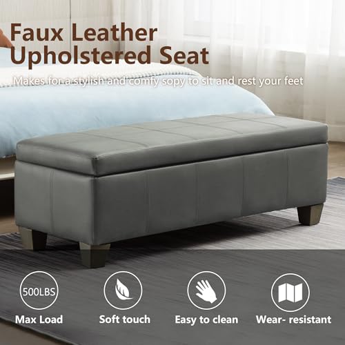 Image of 51 Inch Storage Ottoman, Storage Bench with Safety Hinge, Upholstered Synthetic Leather Ottoman Bench for Bedroom, Living Room, Entryway, Hallway, Foot Rest, Support 500lbs
