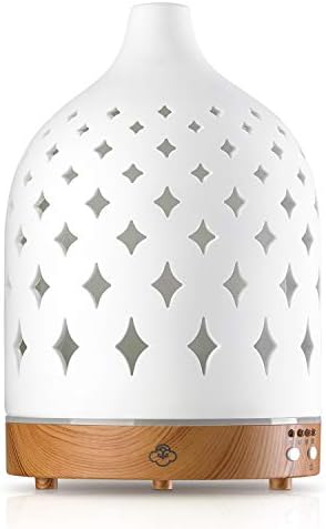 Serene House Supernova, Ultrasonic Essential Oil Cool Mist Diffuser – 7-Color Calming LED Light, Timer Control, Automatic Shut-Off – White Ceramic, Light Wood Base, 130ml