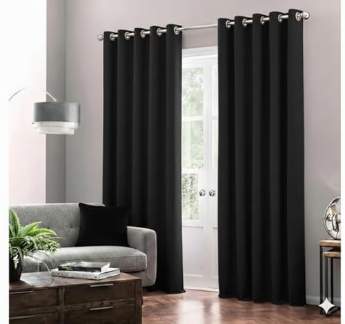 Image of Amazon Brand - Solimo Velvet Curtain Set of 2 (52x96 Inch) Plain Door & Window Curtains for Living Room & Bedroom |75% Light Blocking, Eyelet Curtains for Home Decor in Black Color (4 feet x 8 feet)